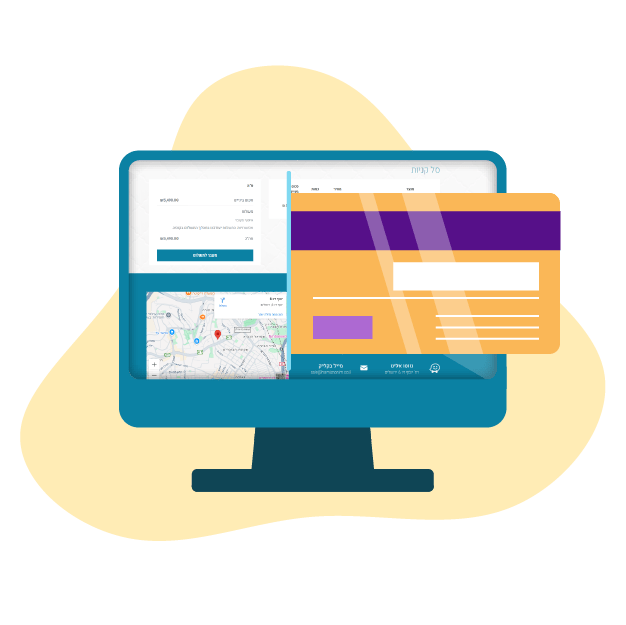 מסך מחשב כחול מציג אתר עם טופס תשלום וקטע מפה, ומעליו מופיע כרטיס אשראי כתום וסגול.