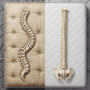 השוואה בין עמוד שדרה עקום על מזרן ישן לעומת עמוד שדרה ישר עם אגן על מזרן חדש.