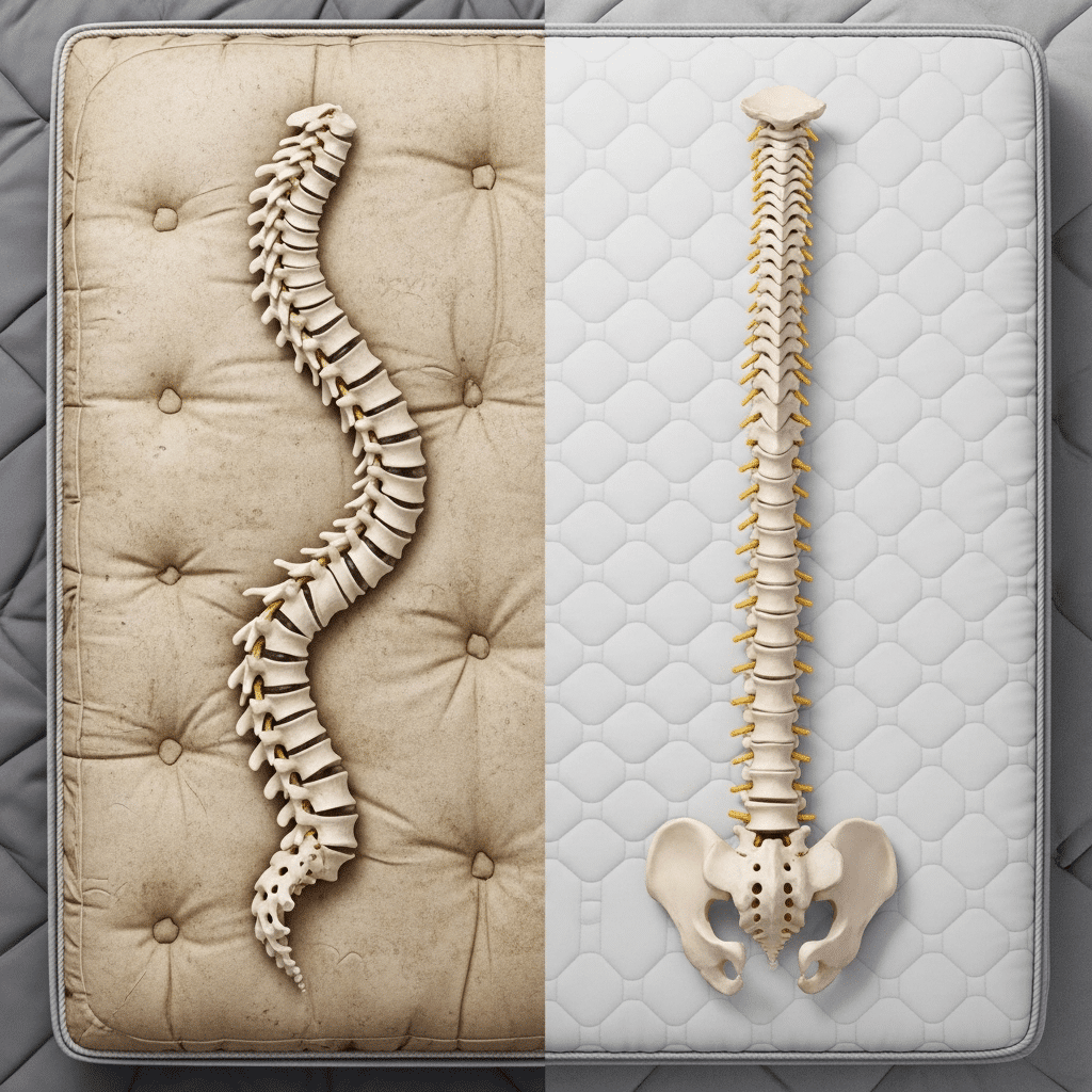 השוואה בין עמוד שדרה עקום על מזרן ישן לעומת עמוד שדרה ישר עם אגן על מזרן חדש.