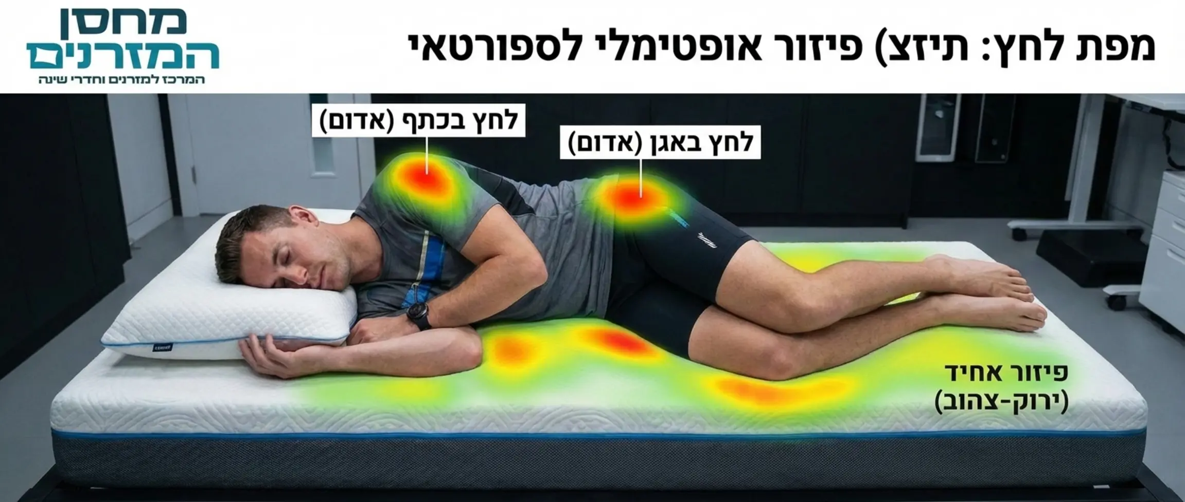 תמונה הממחישה ספורטאי ישן על הצד, עם מפת חום המראה את נקודות הלחץ בכתפיים ובאגן וכיצד המזרן מפזר אותן בצורה אחידה