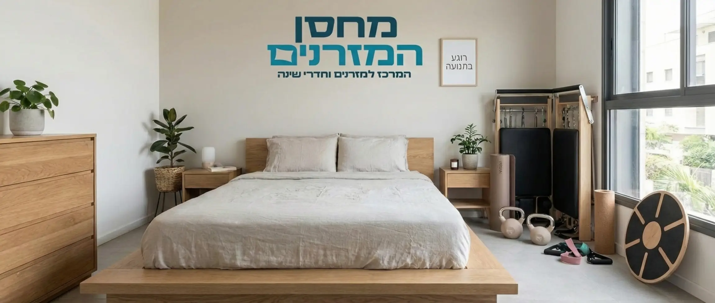 תמונה מסכמת של חדר שינה מודרני ומרגיע עם מיטה גדולה, לצד ציוד ספורט המונח בצד בצורה אסתטית