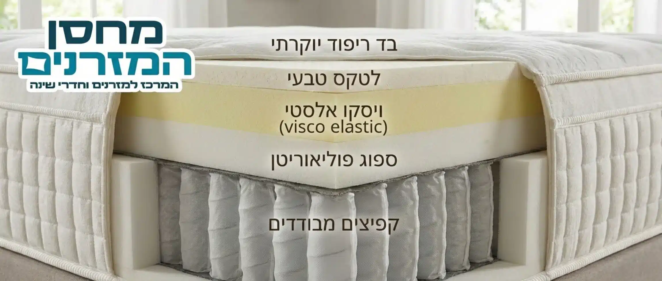 תמונה המציגה חתך צד של מזרן יוקרתי, החושפת את שכבת הקפיצים המבודדים בתחתית ומעליה שכבות ספוג, ויסקו ולטקס