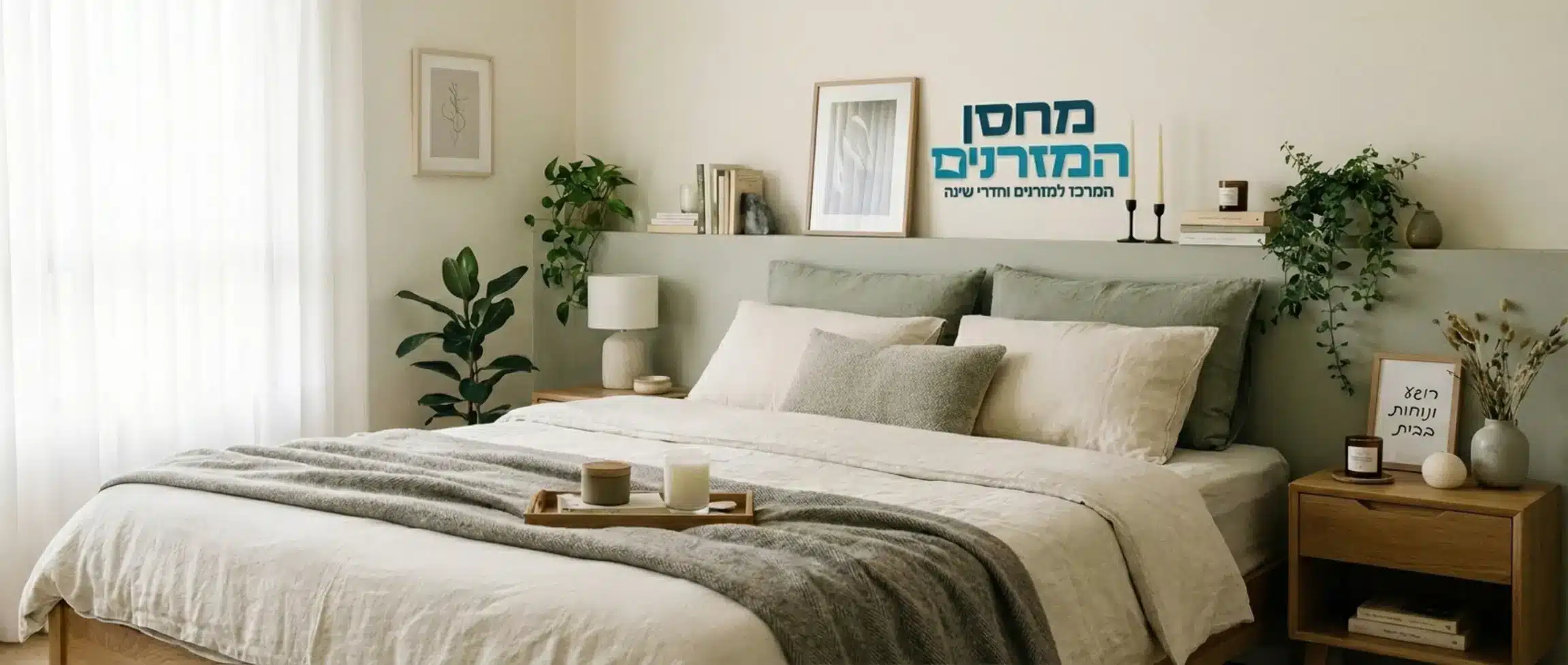 צילום אווירה של חדר שינה מעוצב ורגוע עם מיטה זוגית גדולה, המשרה תחושת רוגע ונוחות