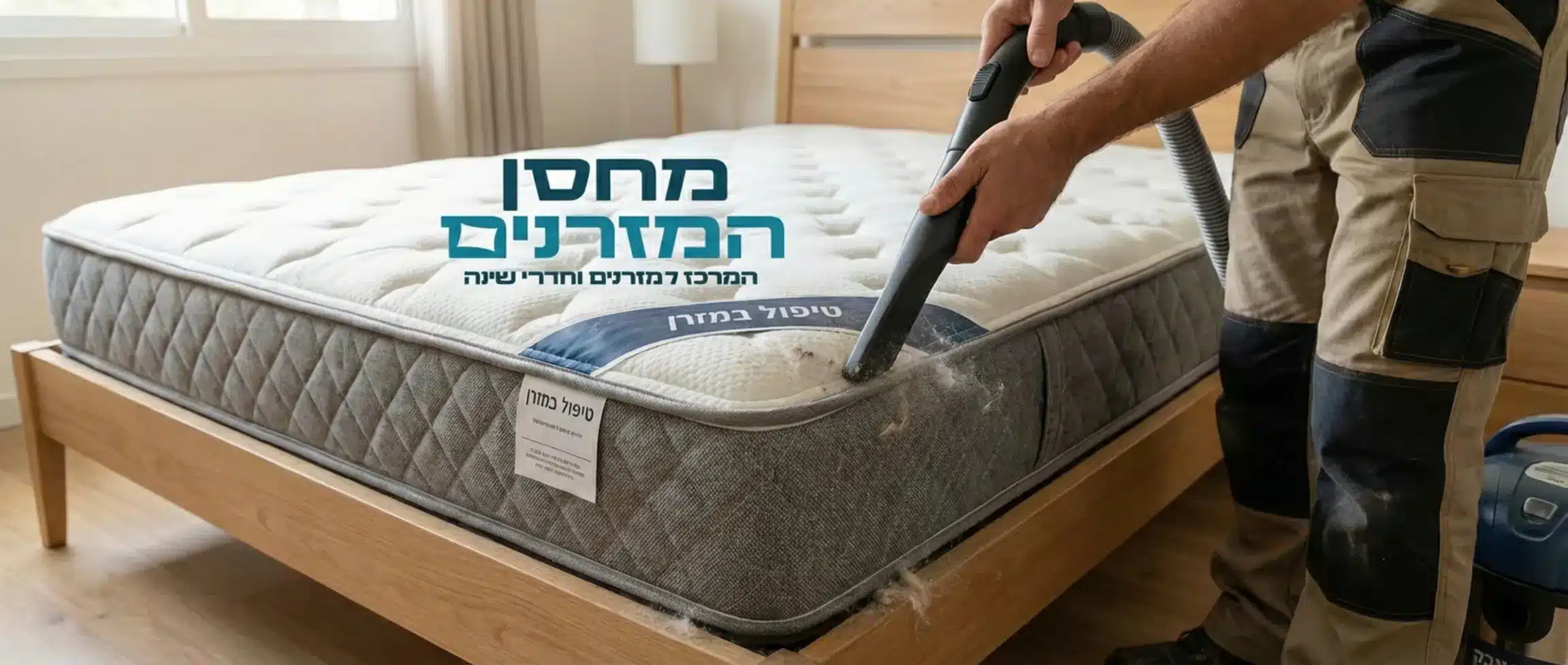 תמונה המראה אדם שואב מזרן זוגי באמצעות אביזר צר של שואב אבק, עם התמקדות בניקוי התפרים והפינות של המזרן