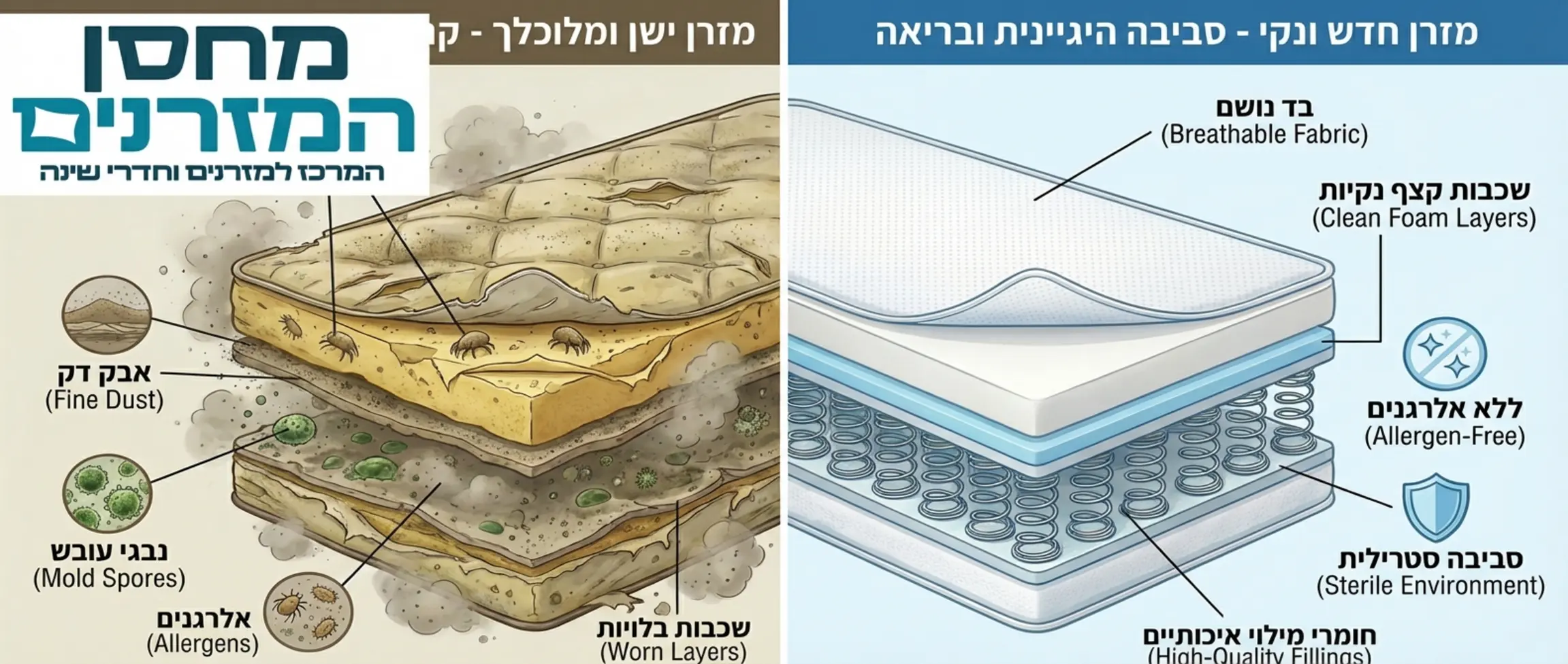 אינפוגרפיקה המציגה את השכבות הפנימיות של מזרן ישן מלא באבק ואלרגנים לעומת מזרן חדש ונקי