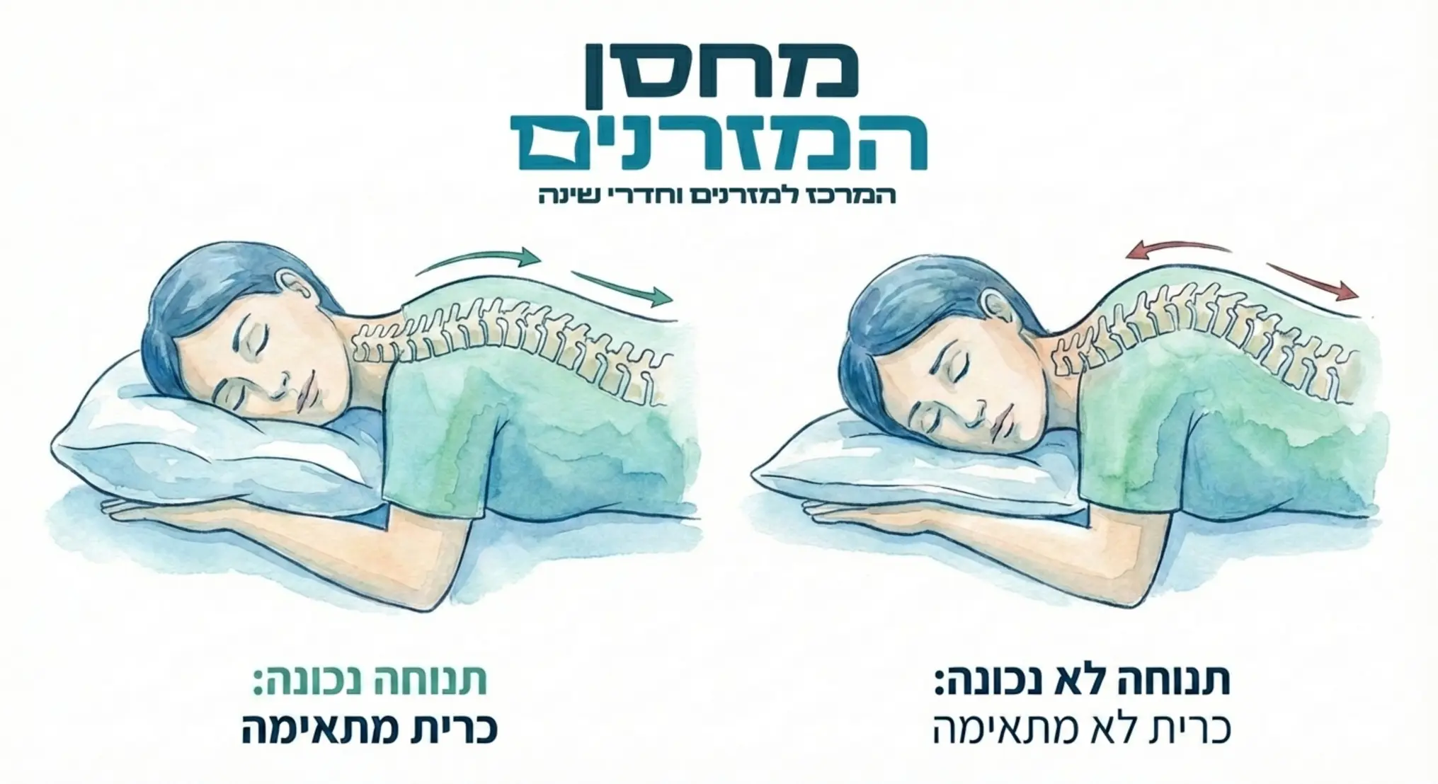 איור המדגים את הזווית הנכונה של הצוואר ועמוד השדרה בזמן שינה על הצד עם כרית מתאימה לעומת כרית לא מתאימה