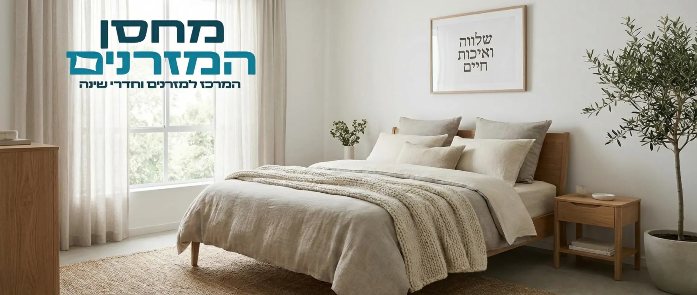 תמונה של חדר שינה מעוצב בקווים נקיים עם מיטה זוגית מוצעת בצורה מזמינה, המשרה אווירה של רוגע ואיכות