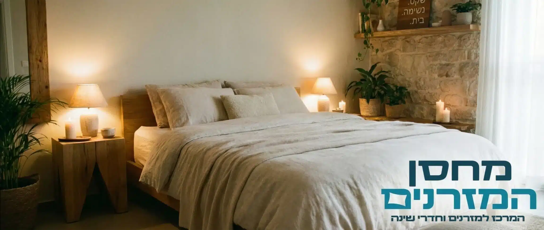 צילום אווירה של חדר שינה מעוצב ומרגיע עם מיטה גדולה, מצעים רכים ותאורה חמימה, המשרה תחושת רוגע