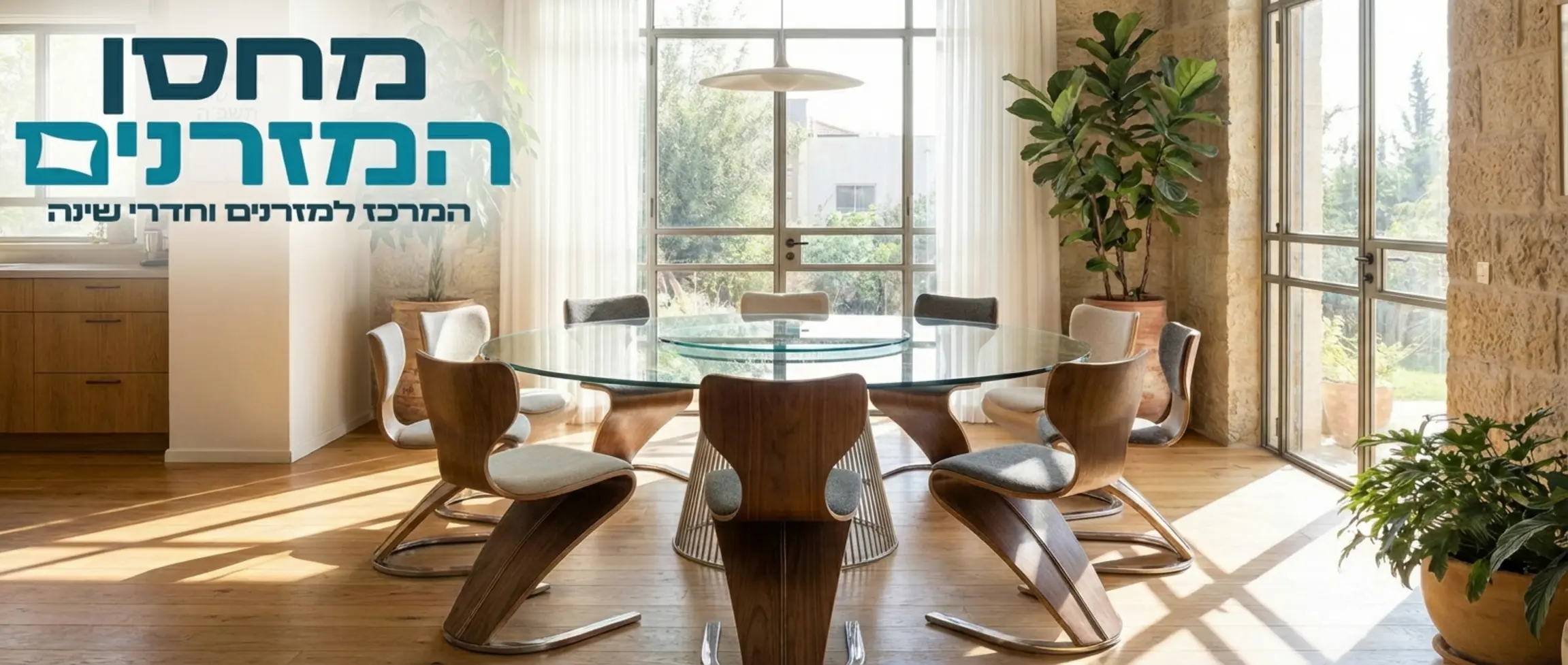 שולחן אוכל מזכוכית במרכז חדר מואר עם כיסאות מעוצבים סביבו ללא דמויות אדם