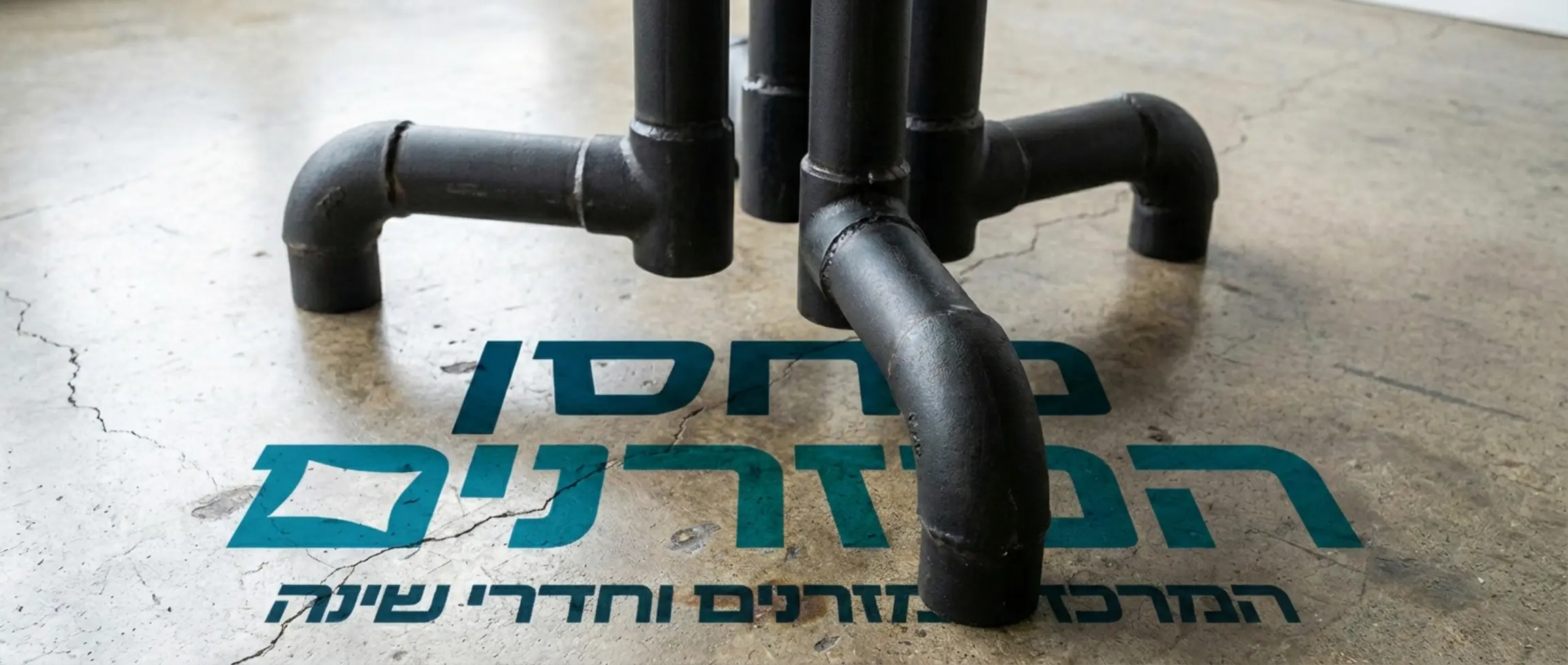 תמונה תקריב של רגלי שולחן מברזל שחור בעיצוב עכביש, המראה את החיבורים והגימור המט, על גבי רצפת בטון מוחלק