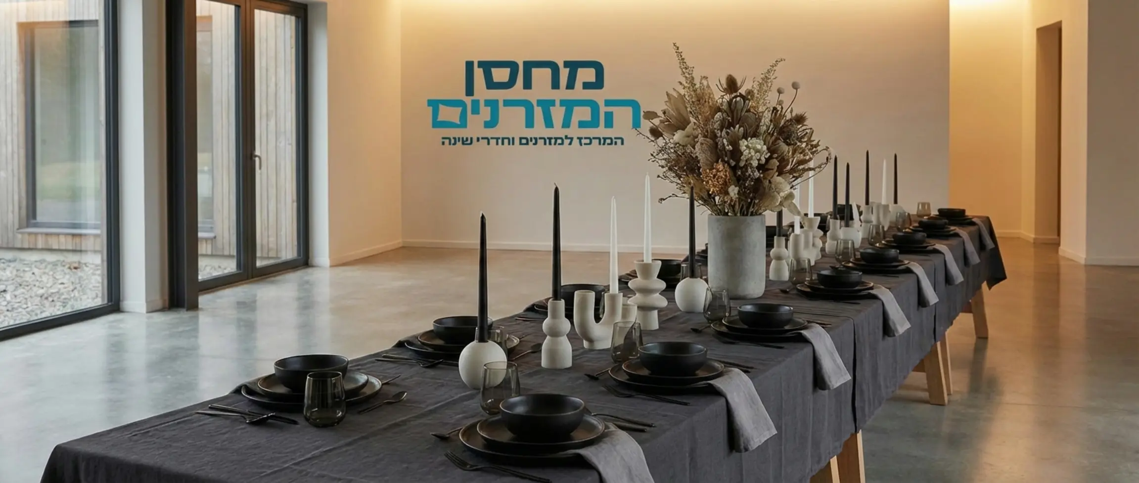 תמונה של שולחן אוכל פתוח במלואו ערוך לארוחה חגיגית, עם כלי אוכל מודרניים בצבעים מונוכרומטיים, ללא אנשים בתמונה