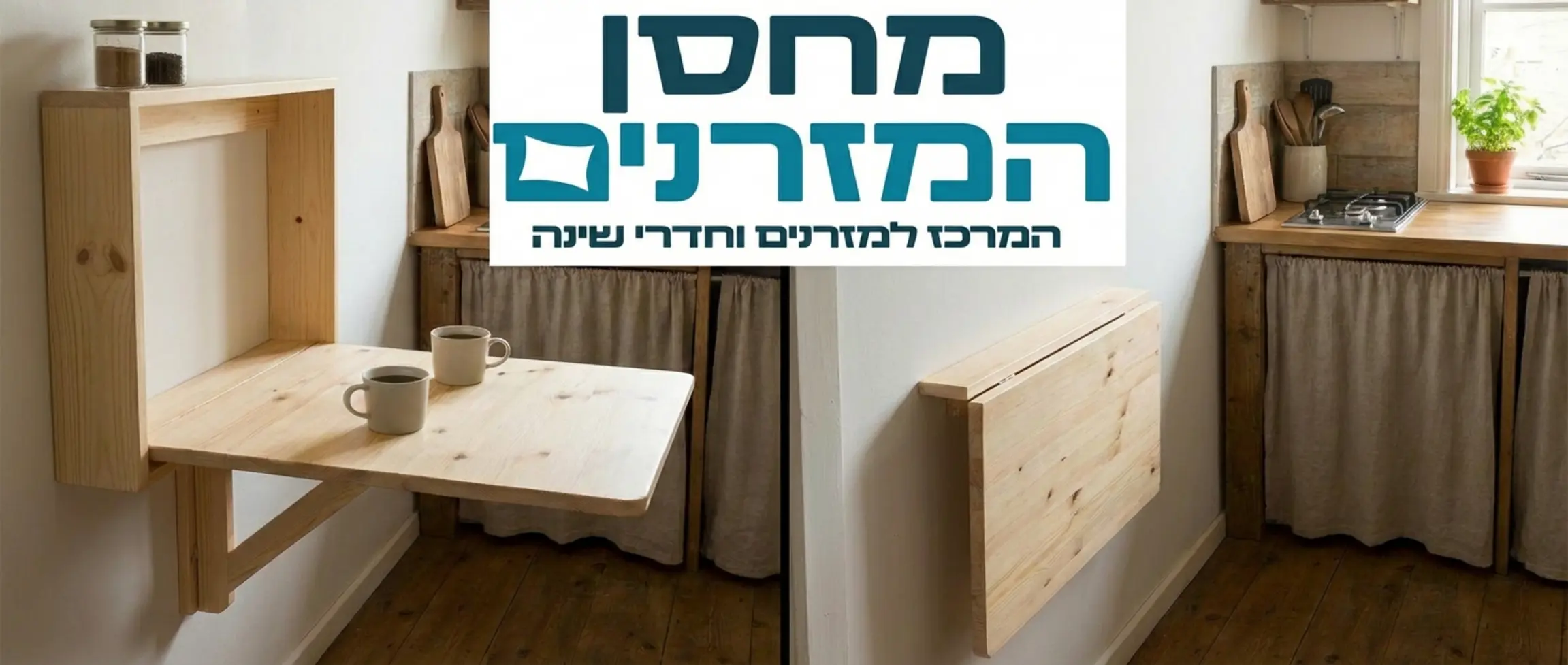 שולחן אוכל מעץ בהיר המחובר לקיר במטבח קטן, במצב פתוח עם שתי כוסות קפה עליו, ובצד השני הדמיה של אותו שולחן במצב סגור וצמוד לקיר