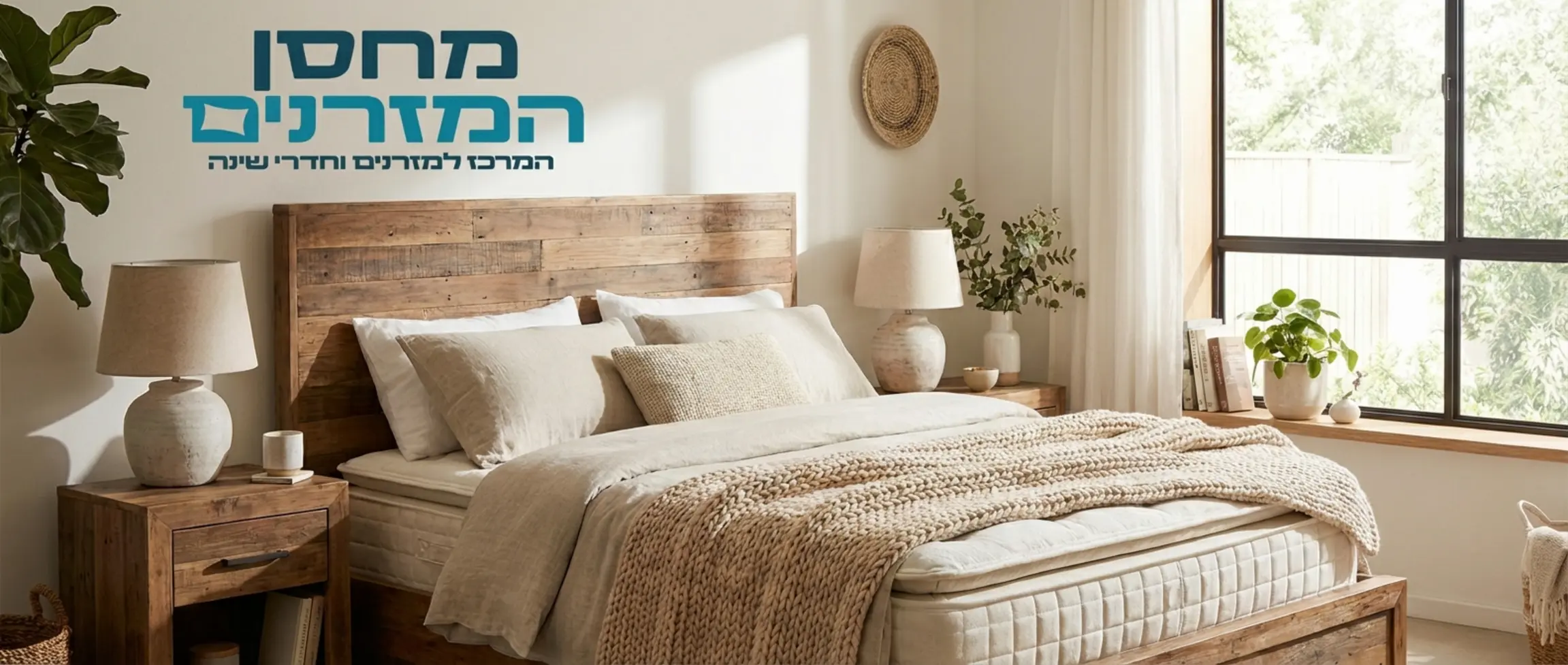 תמונה של חדר שינה מעוצב ונעים עם מיטה זוגית גדולה, מזרן שנראה איכותי ויציב, ושידות לילה מעץ לצד המיטה, ללא דמויות אנושיות