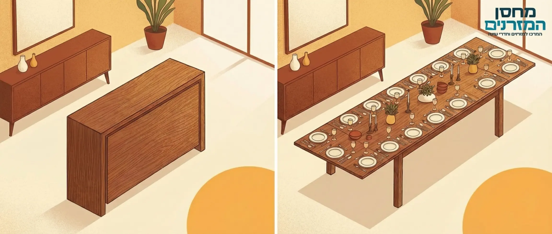 איור גרפי של שולחן עץ סגור בחדר מעוצב, ולצדו איור של אותו שולחן פתוח לרווחה עם סידור צלחות ל-20 סועדים