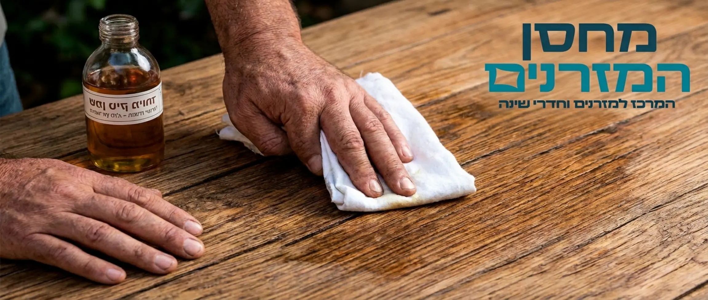 תקריב של ידיים גבריות המורחות שמן מיוחד על פלטת שולחן מעץ מלא בעזרת מטלית כותנה לבנה