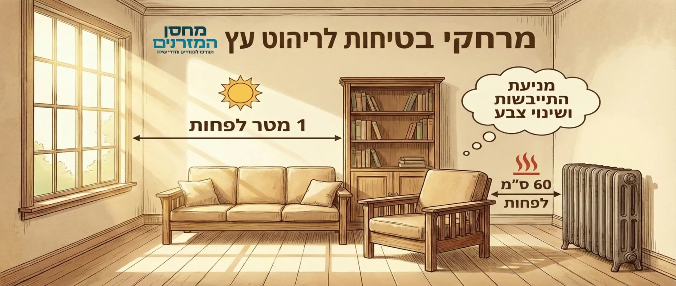 איור הממחיש את המרחק המומלץ בין רהיטי עץ לבין חלון שמש או תנור חימום כדי למנוע נזק