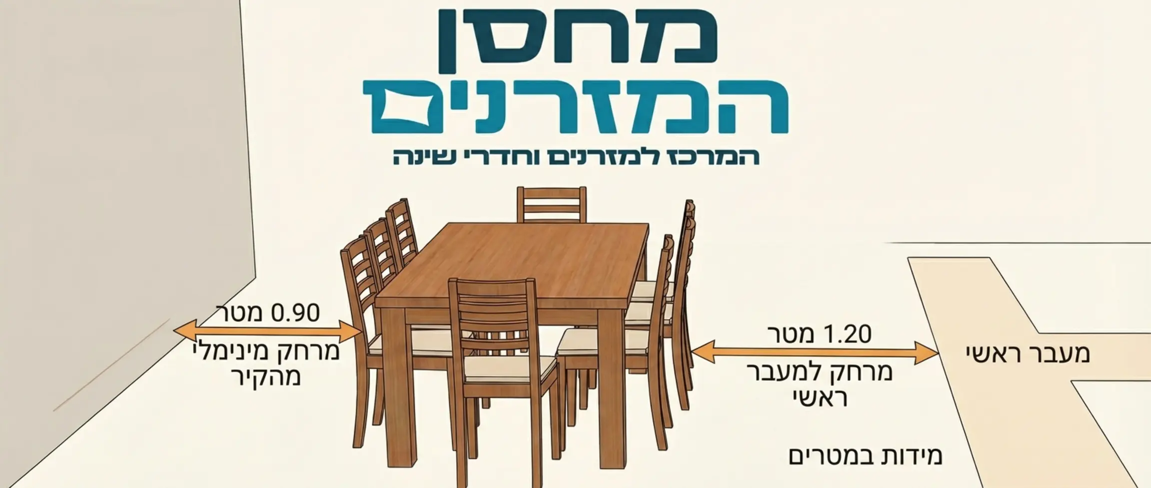 אינפוגרפיקה המציגה שולחן אוכל עם מידות במטרים, המדגימה מרחק של 90 סנטימטר מהקיר ומרחק של 120 סנטימטר ממעבר ראשי