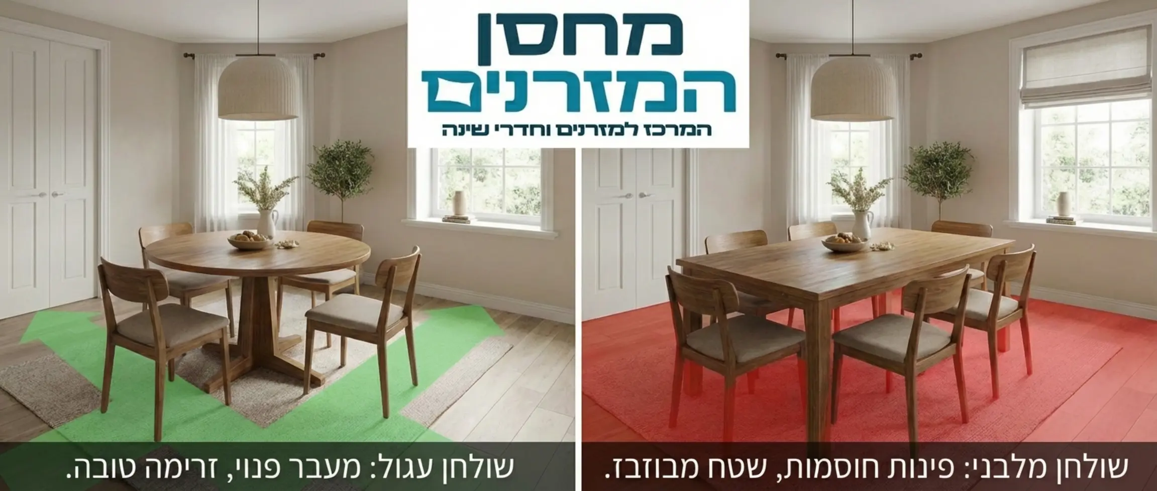 השוואה ויזואלית בין שולחן עגול לשולחן מלבני באותו חלל חדר, המראה כיצד העגול משאיר יותר מקום למעבר בפינות