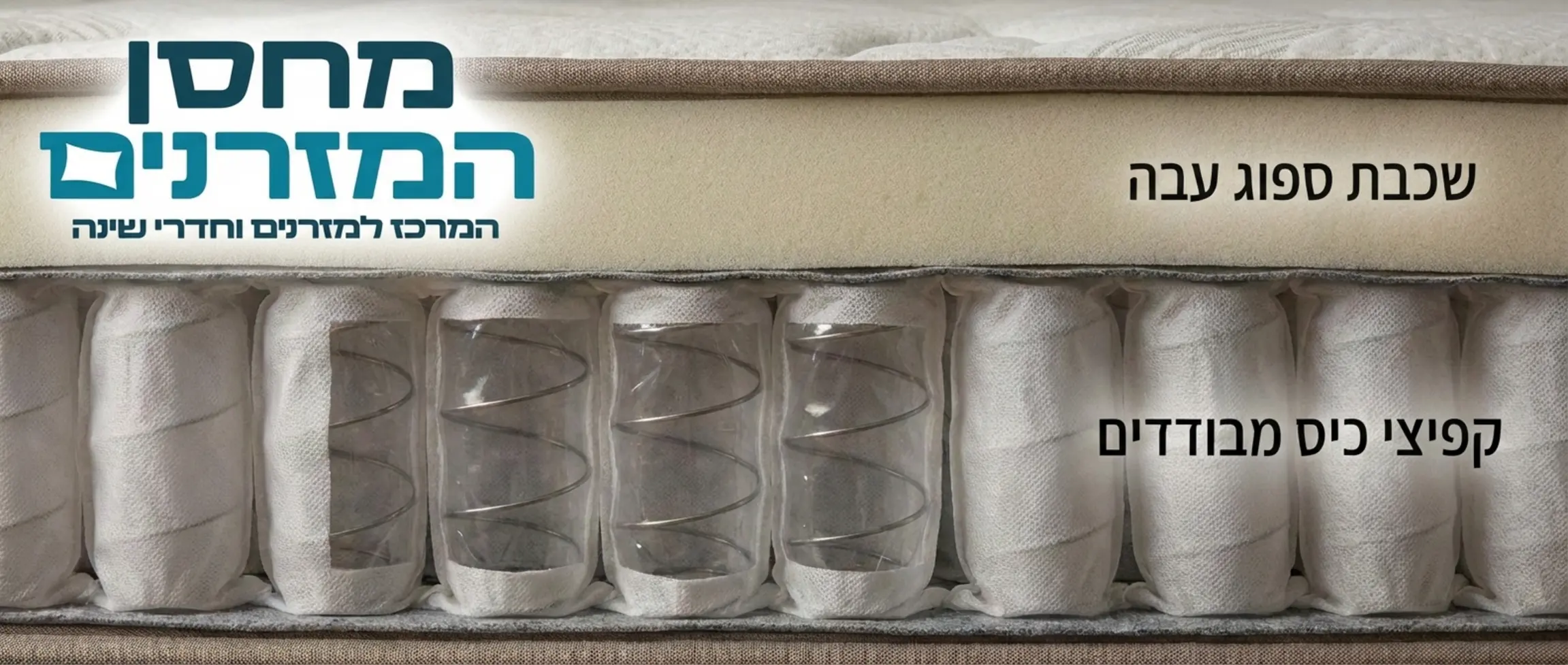 תקריב חתך צד של מזרן המראה קפיצים מבודדים בתוך כיסים נפרדים ומעליהם שכבת ספוג עבה