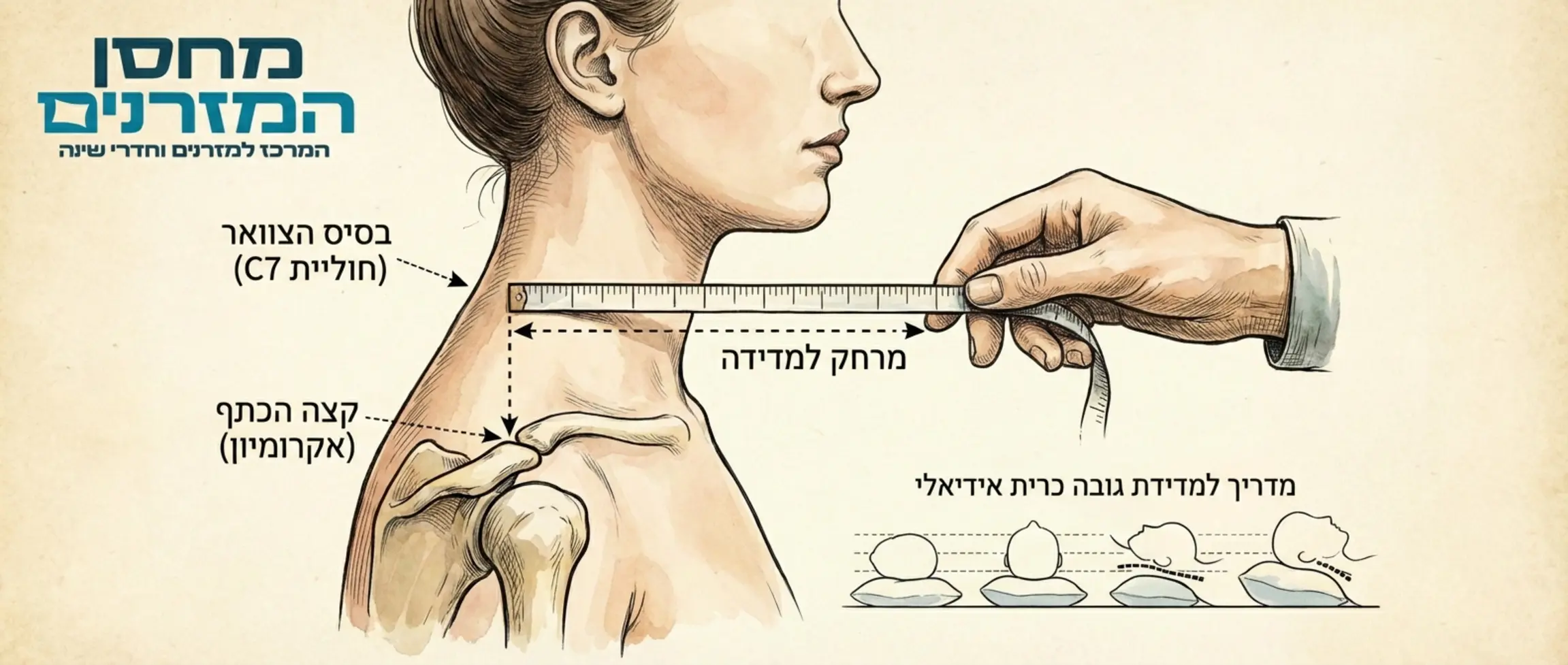 איור המדגים כיצד למדוד את המרחק בין הצוואר לקצה הכתף לצורך התאמת גובה הכרית