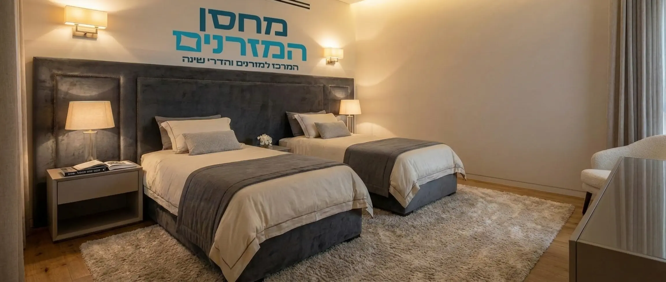 חדר שינה יוקרתי ומעוצב ללא דמויות, במרכז החדר מיטה יהודית עם ראש מיטה מרופד ענק מקטיפה בגוון אפור פחם המאחד שתי מיטות נפרדות, תאורת אווירה חמה ושטיח רך על הרצפה.