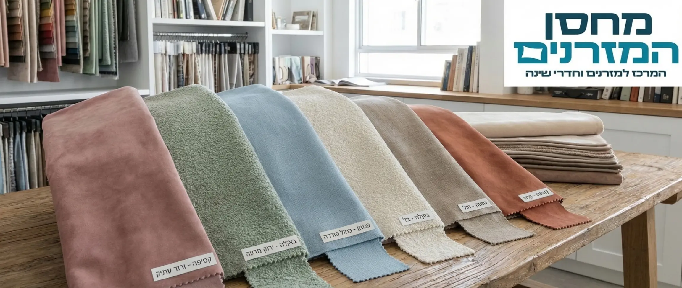 תקריב איכותי על דוגמאות של בדי ריפוד לראשי מיטה, המציג טקסטורות שונות כמו קטיפה, בוקלה ופשתן במניפת צבעי פסטל רכים ואדמה, מונחים על שולחן עץ בסטודיו לעיצוב פנים.