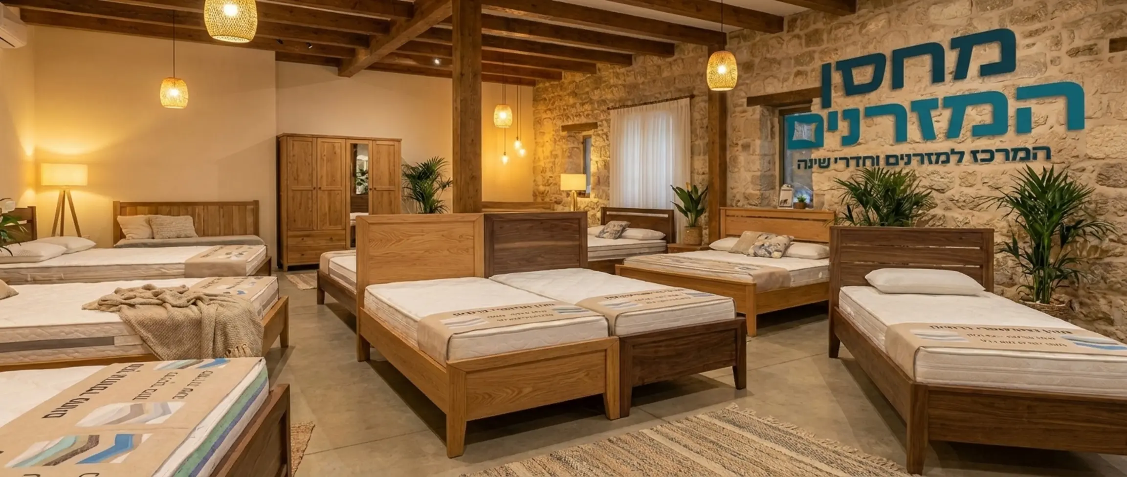 חלל תצוגה של חנות רהיטים עם מגוון מיטות יהודיות מעץ מלא ומזרנים אורתופדיים, תאורה חמה ומזמינה, ללא דמויות