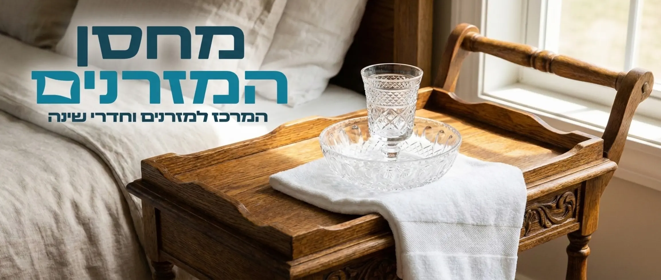 תקריב אסתטי של עגלת עץ קטנה ומעוצבת ליד מיטה ועליה נטלה מפוארת מקריסטל וקערה תואמת מונחות על מגבת קטנה ונקייה