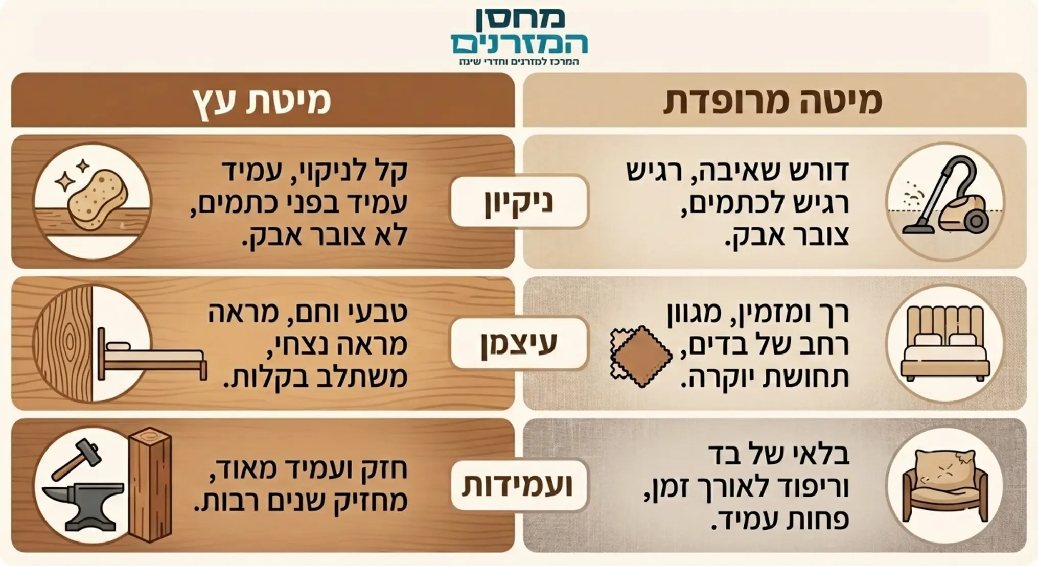 אינפוגרפיקה מעוצבת המשווה בין מיטת עץ למיטה מרופדת לפי קריטריונים של ניקיון עיצוב ועמידות. שימוש באייקונים ברורים ובצבעים נעימים לעין.