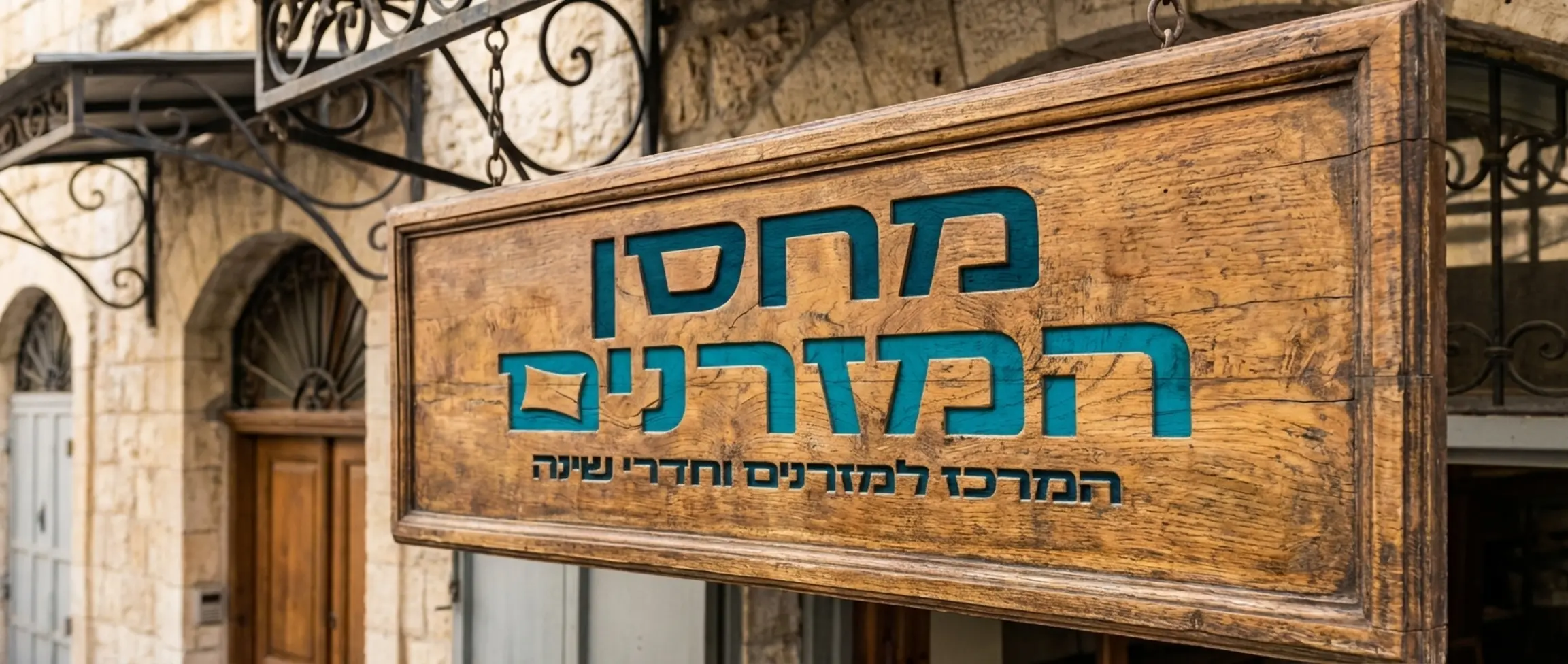 תמונת תקריב של שלט חנות רהיטים קלאסית עם כיתוב מחסן המזרנים המעיד על מסורת ואיכות ירושלמית אותנטית עשוי עץ מגולף ויפה.