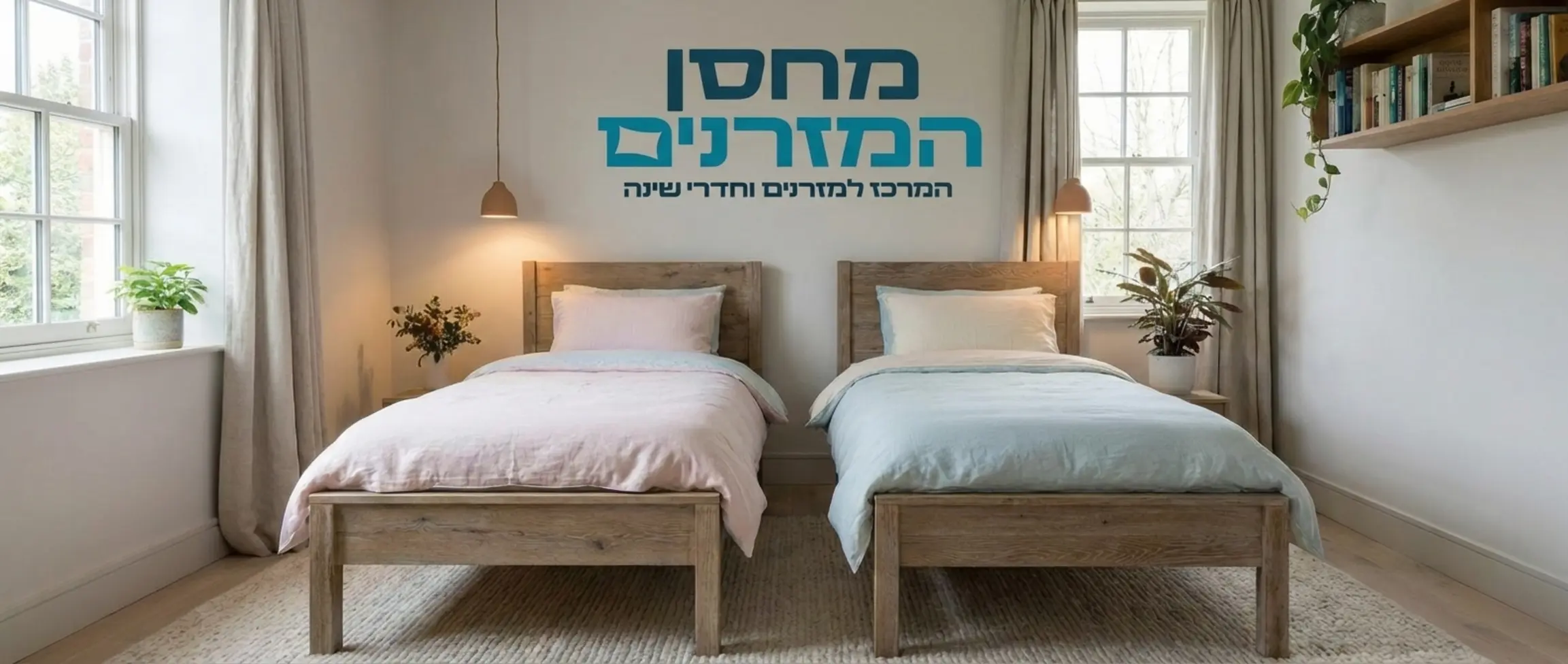 חדר שינה זוגי בעיצוב נקי ורגוע, עם שתי מיטות יהודיות מופרדות מעץ אלון מבוקע, מצעים בגווני פסטל בהירים ורכים, שטיח צמר עבה על הרצפה ותאורת קריאה חמה מעל כל ראש מיטה. אין אנשים בתמונה והחלל משדר שלווה.