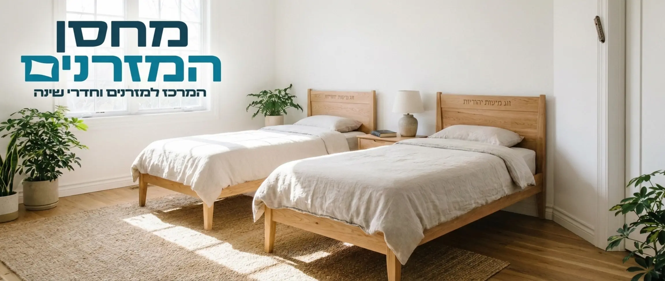זוג מיטות יהודיות מעץ מלא בגוון טבעי מופרדות במרחק קל בתוך חדר שינה מעוצב נקי ומואר. אין אנשים בתמונה.