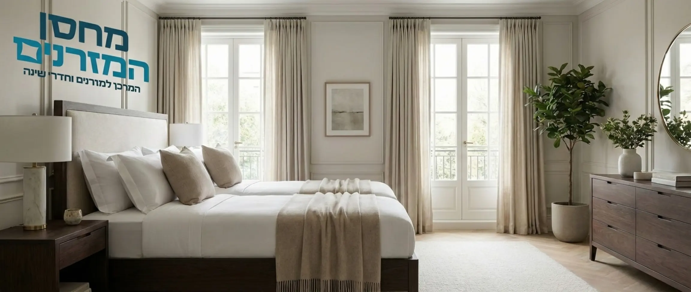 המחשה של שתי מיטות יהודיות מחוברות עם מזרנים זהים לחלוטין היוצרים משטח ישר ואחיד ללא כל רווח או הבדל גובה. התמונה צריכה לשדר יוקרה ונוחות בחדר שינה נקי ומסודר.