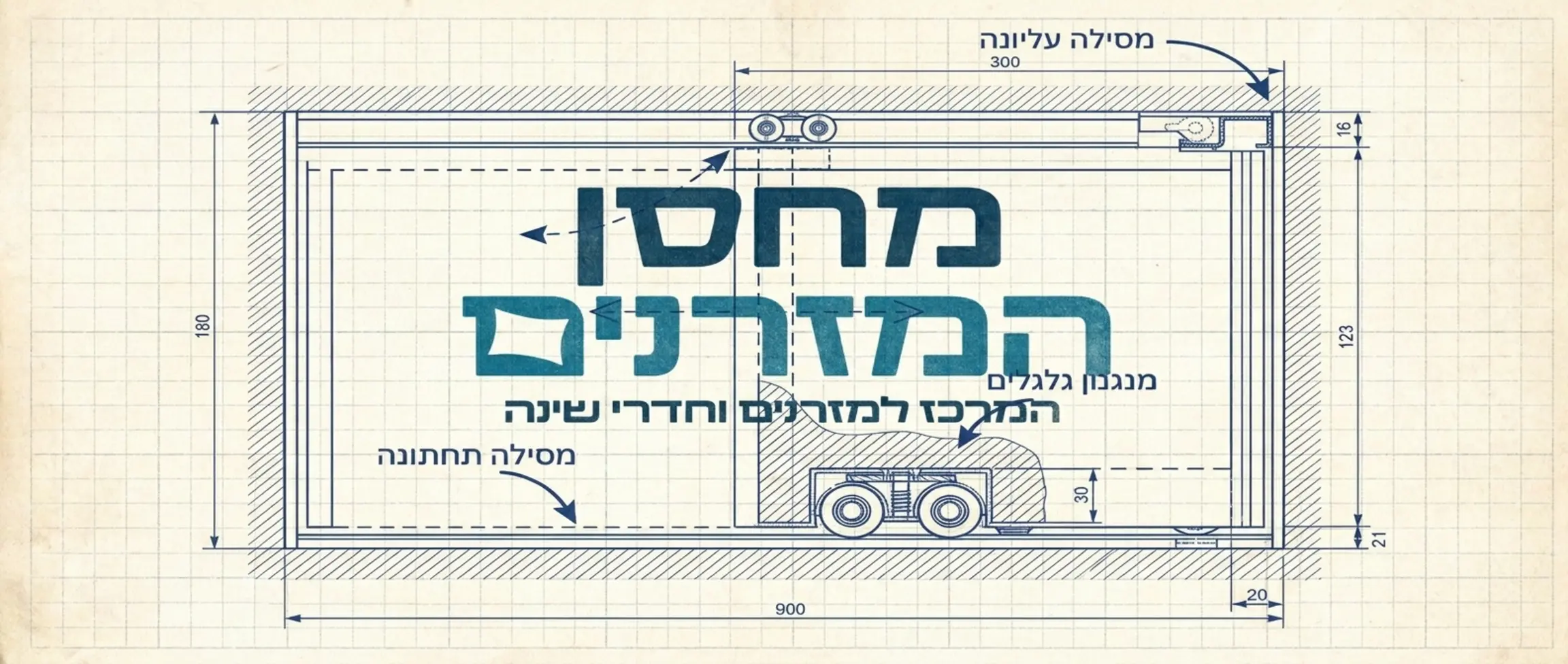 תרשים טכני של ארון הזזה המציג את מיקום המסילה העליונה, המסילה התחתונה ומנגנון הגלגלים