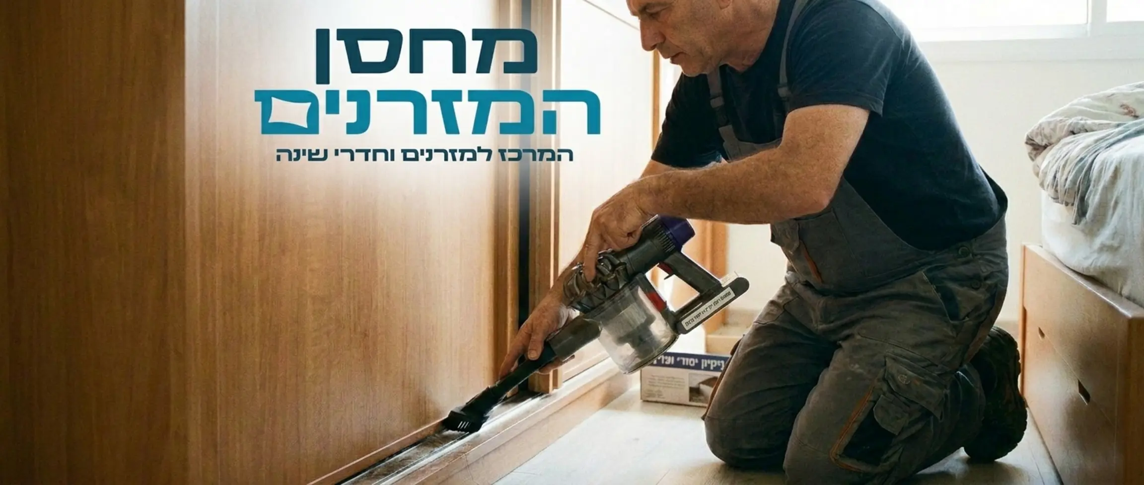 צילום של אדם המנקה מסילת ארון הזזה באמצעות שואב אבק ידני עדין עם פיית מברשת
