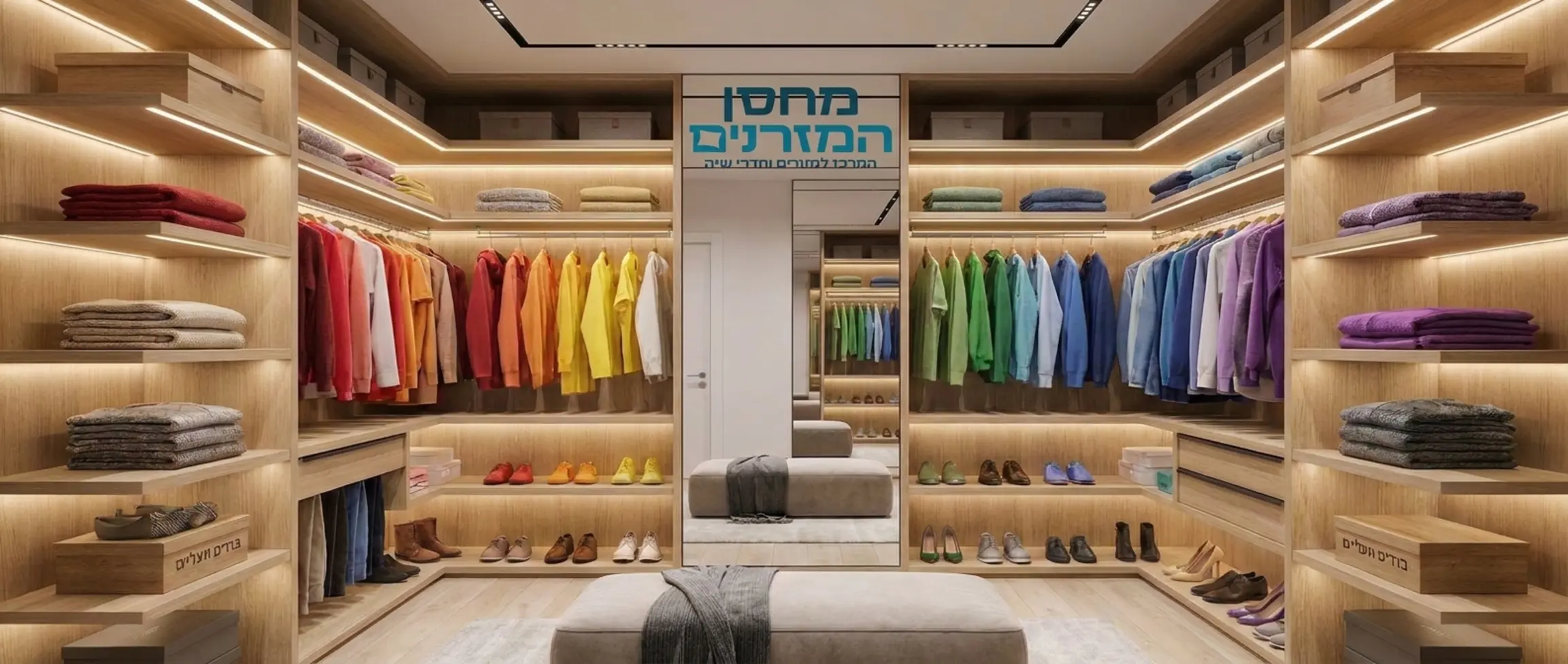 הדמיה תלת ממדית של חדר ארונות פתוח בצורת האות חית, המציג שילוב של מדפי עץ אלון בהירים, תאורת לד נסתרת לאורך המדפים, וסידור בגדים ונעליים לפי צבעים