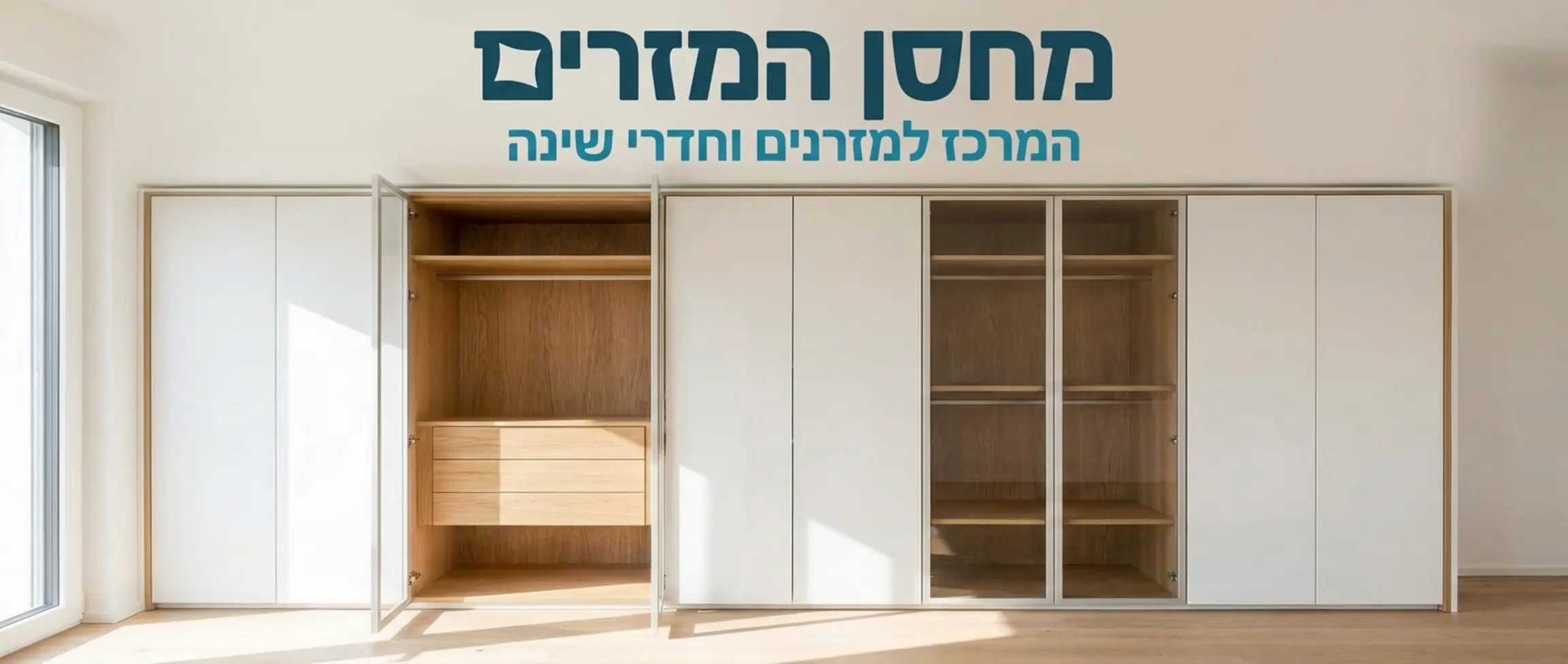 ארון בגדים מעוצב המשלב דלתות לבנות חלקות עם מסגרת ומדפים פנימיים מעץ אלון טבעי ללא דמויות אנושיות