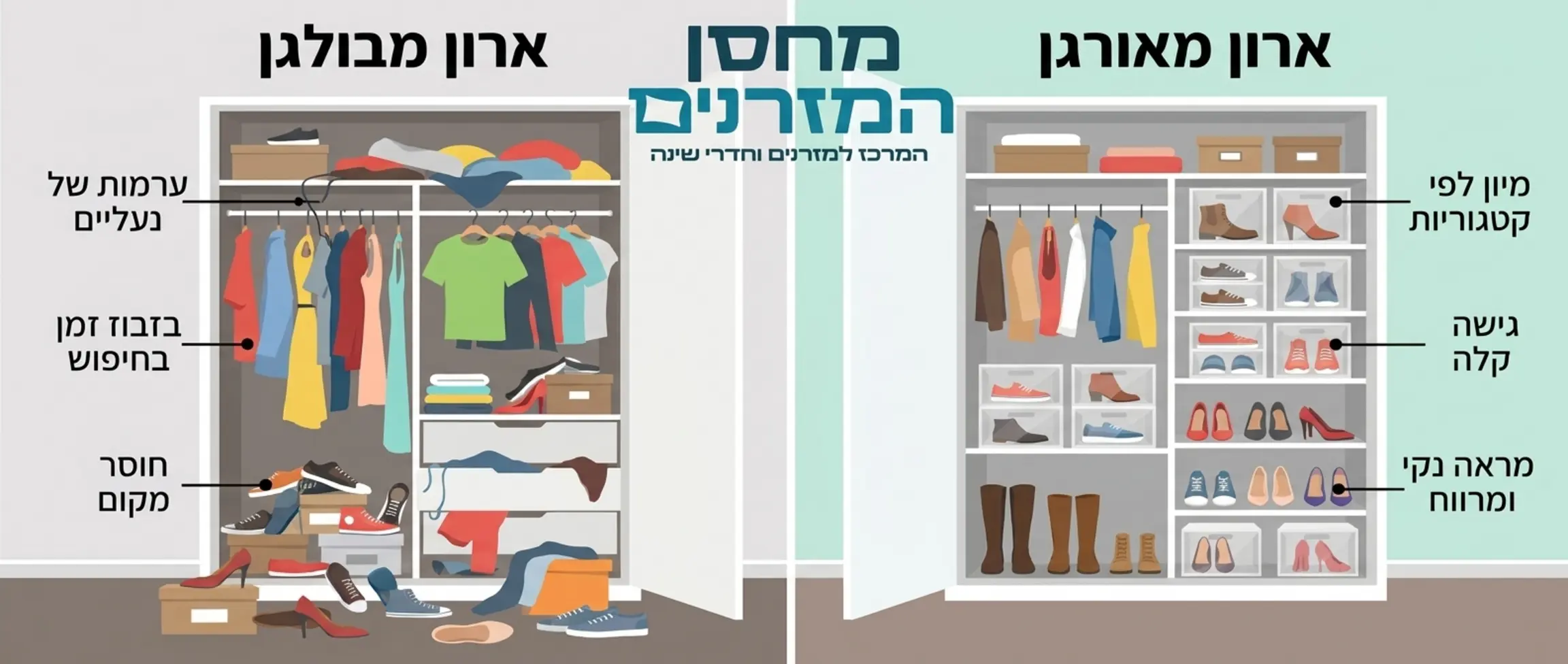 אינפוגרפיקה המציגה את ההבדל בין ארון מבולגן ומלא בנעליים בתפזורת לבין ארון מאורגן ומסודר לפי קטגוריות