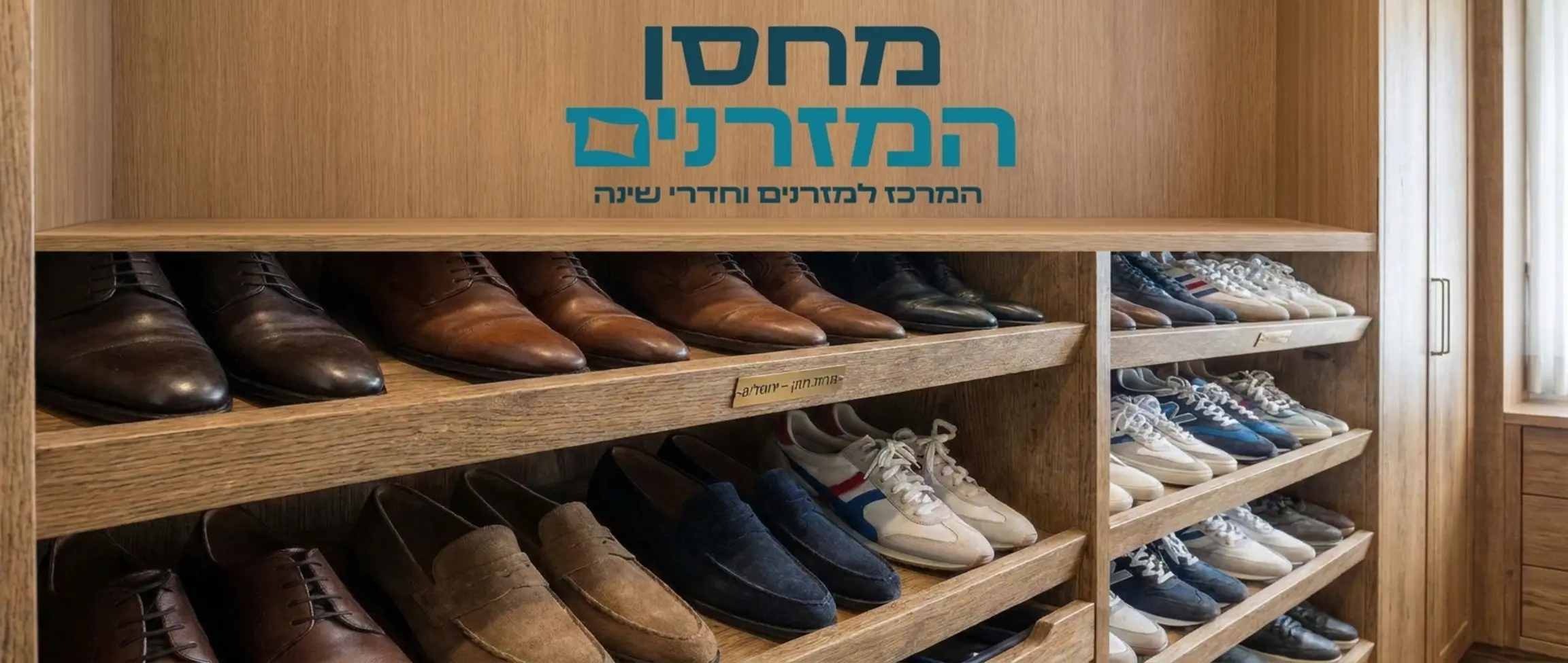 תצלום תקריב של מדפי עץ משופעים בתוך ארון בגדים, כאשר עליהם מונחות נעלי גברים ונעלי ספורט בצורה מסודרת
