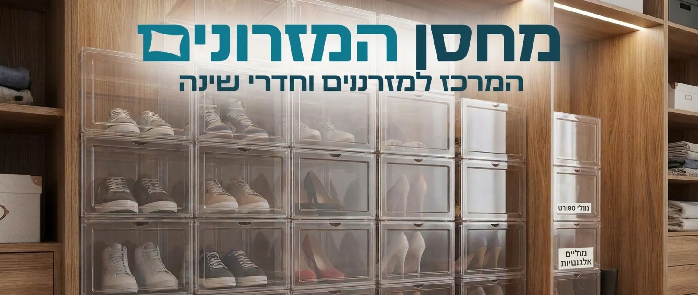 איור תלת מימד של קופסאות אחסון שקופות לנעליים מוערמות זו על זו בתוך ארון, המאפשרות לראות את הנעליים שבתוכן בצורה ברורה