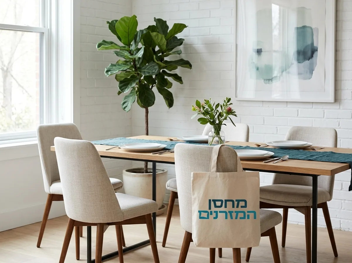 צילום מציאותי ופוטו-ריאליסטי של פינת אוכל מודרנית מוארת באור יום טבעי, שולחן מעץ אלון טבעי עם פלטה דקה, רגלי ברזל שחורות מינימליסטיות, סביבו כיסאות מרופדים בבד פשתן בהיר, ברקע קיר לבן נקי ועליו עציץ ירוק גדול, תאורה רכה ועיצוב נקי