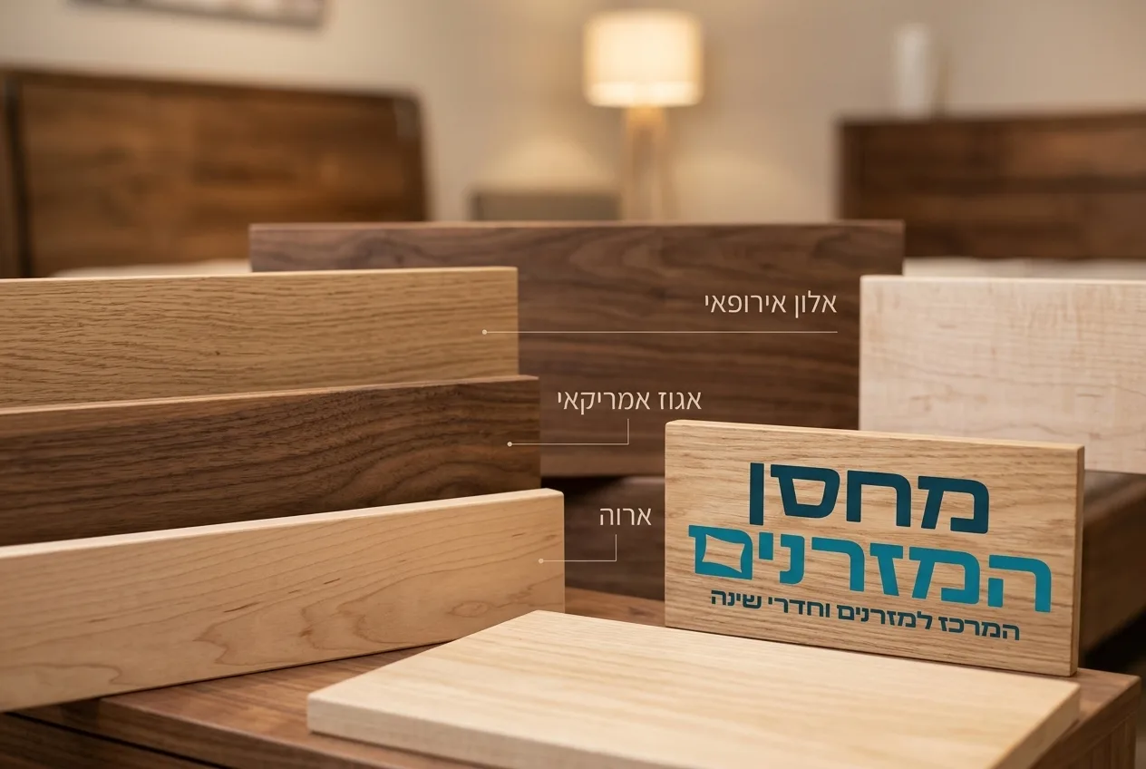 תקריב של טקסטורות עץ שונות באולם התצוגה של החנות, עם טקסט עדין המצביע על סוגי העץ.