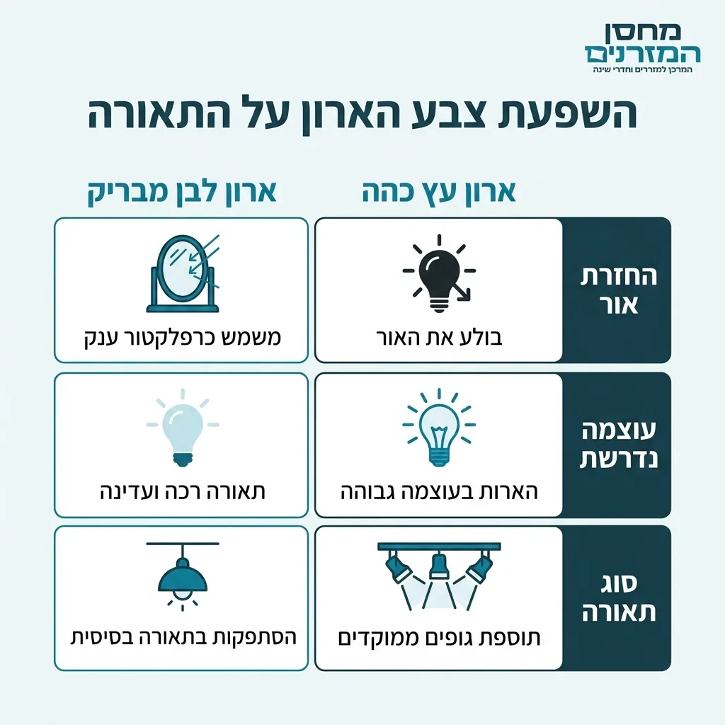 אינפוגרפיקה — השפעת צבע הארון על התאורה: השוואה בין ארון עץ כהה, ארון לבן מבריק