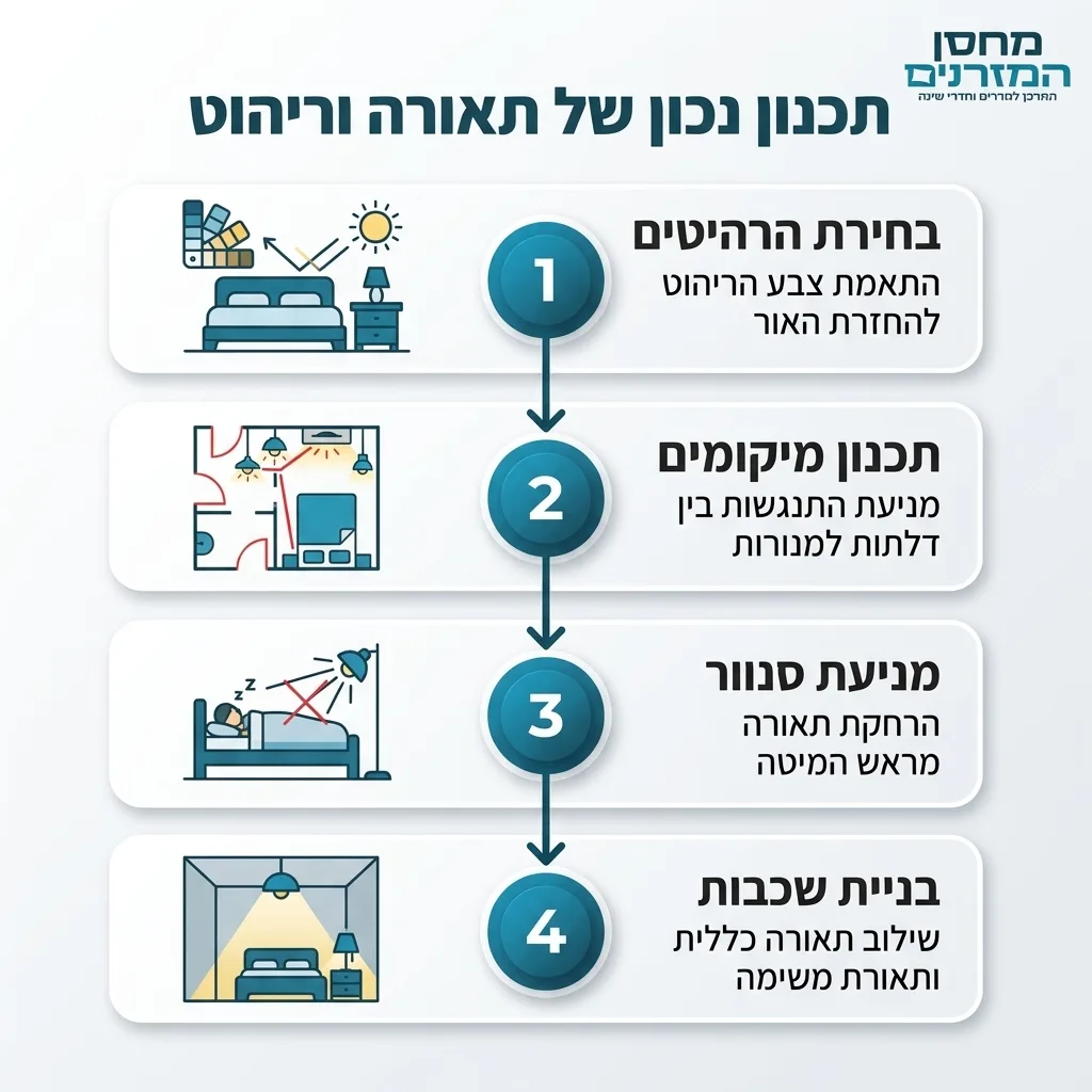 אינפוגרפיקה — תכנון נכון של תאורה וריהוט: בחירת הרהיטים, תכנון מיקומים, מניעת סנוור, בניית שכבות