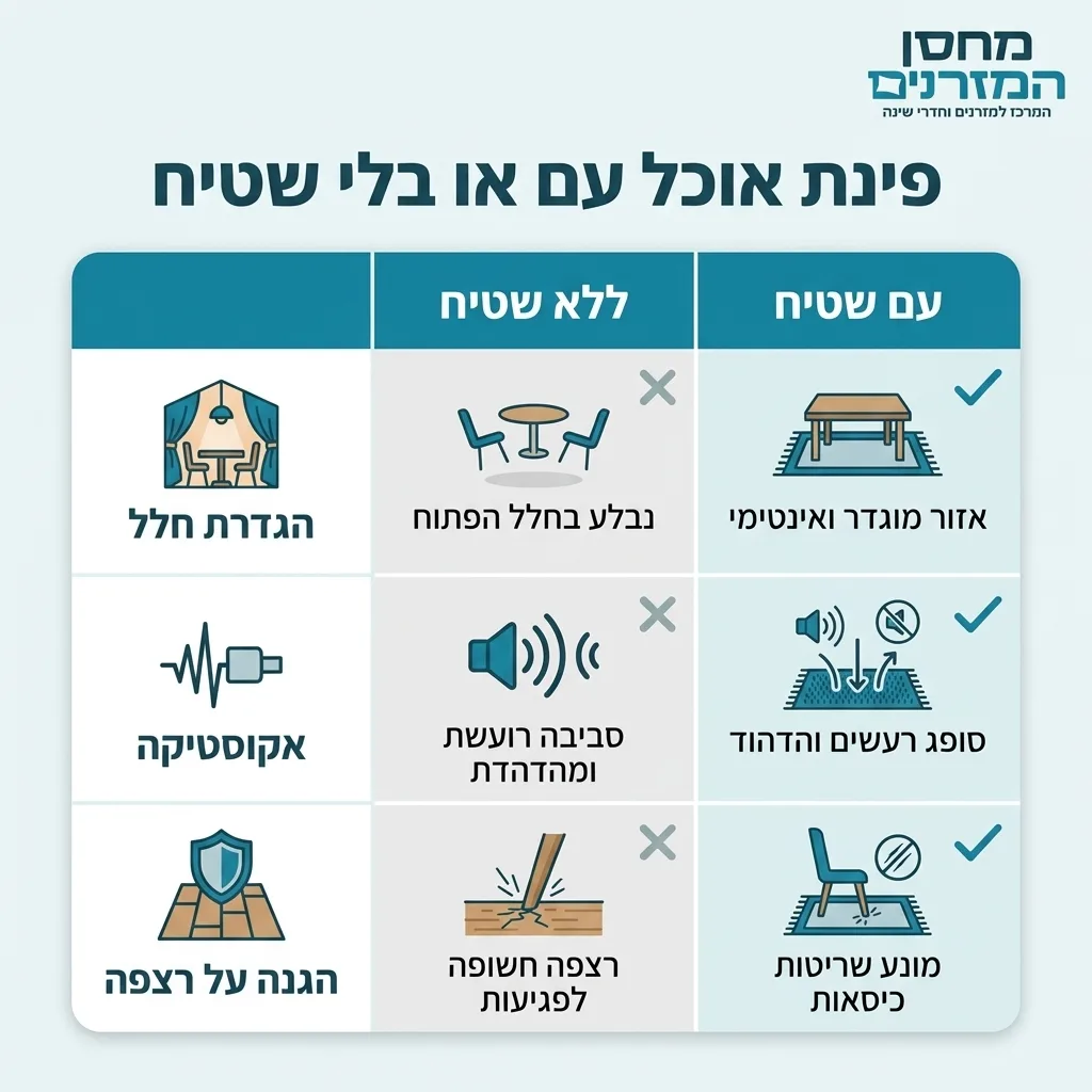 אינפוגרפיקה — פינת אוכל עם או בלי שטיח: השוואה בין עם שטיח, ללא שטיח