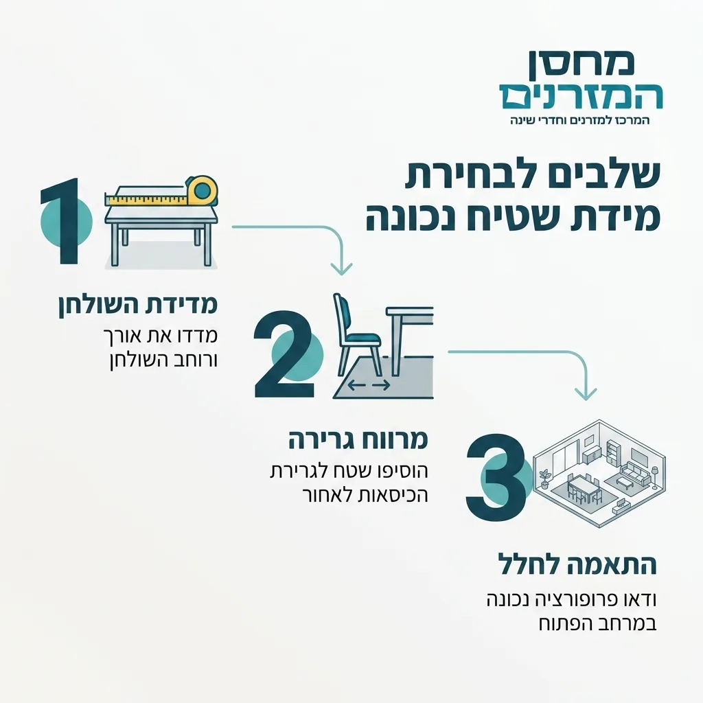 אינפוגרפיקה — שלבים לבחירת מידת שטיח נכונה: מדידת השולחן, מרווח גרירה, התאמה לחלל