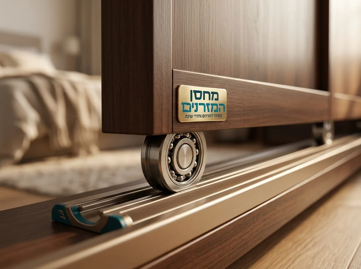צילום מציאותי ותקריב (Close-up) של מסילת אלומיניום תחתונה בארון הזזה, עם גלגל מתכת איכותי הנע בתוכה. פוקוס חד על מנגנון התנועה והמיסב הכדורי, תאורה חמימה בחלל החדר.