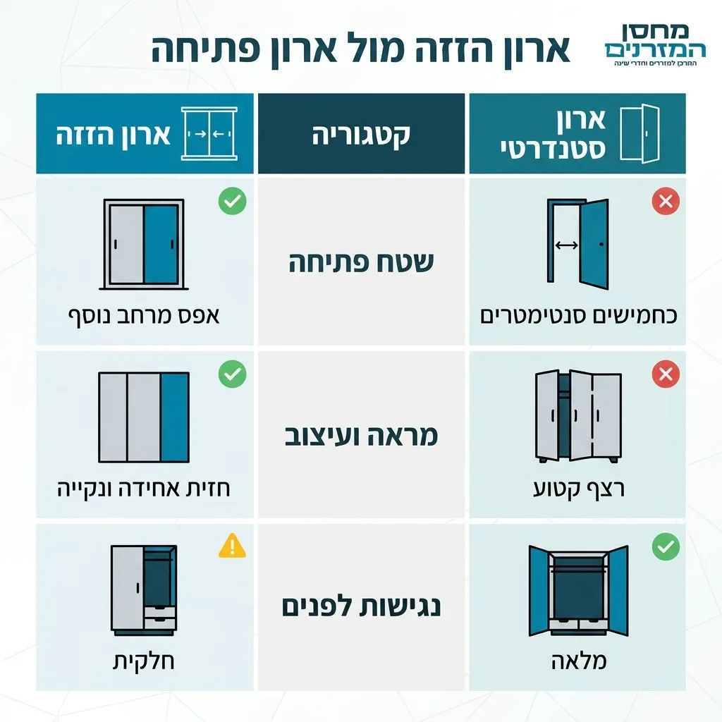 אינפוגרפיקה — ארון הזזה מול ארון פתיחה: השוואה בין ארון הזזה, ארון סטנדרטי