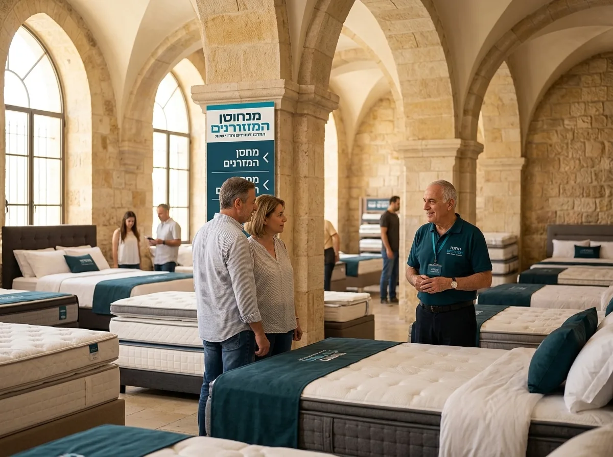 צילום ריאליסטי של אולם תצוגה מרווח לרהיטים בירושלים, מיטות ומזרנים מסודרים בקפידה בין קשתות אבן מסורתיות, תאורה חמה, פוקוס עמוק וחד, לקוחות מתייעצים עם מוכר מבוגר ומסביר פנים