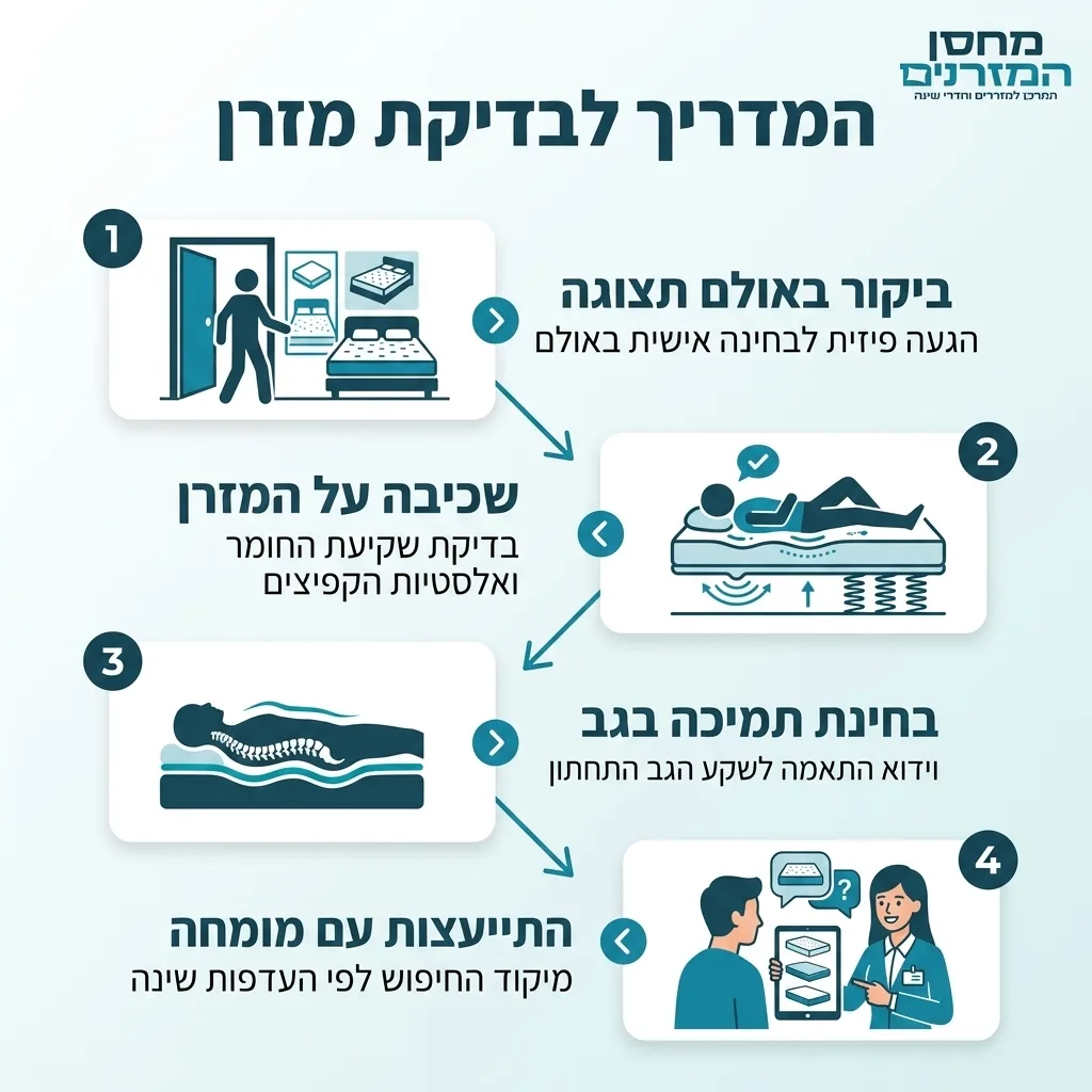אינפוגרפיקה — המדריך לבדיקת מזרן: ביקור באולם תצוגה, שכיבה על המזרן, בחינת תמיכה בגב, התייעצות עם מומחה